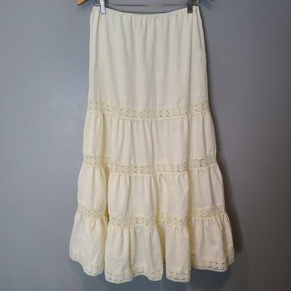 Crochet Lace Tiered Maxi Skirt Women Sz Medium Cottage Prairie Boho Fairy Cider